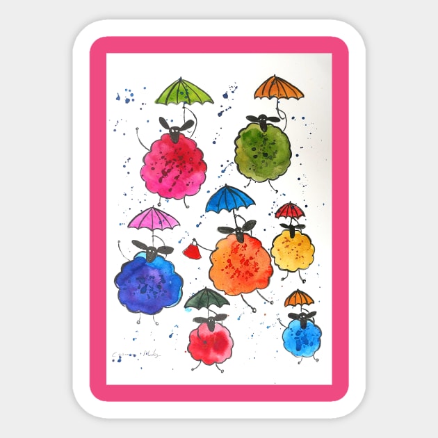 Quirky sheep and their umbrellas Sticker by Casimirasquirkyart